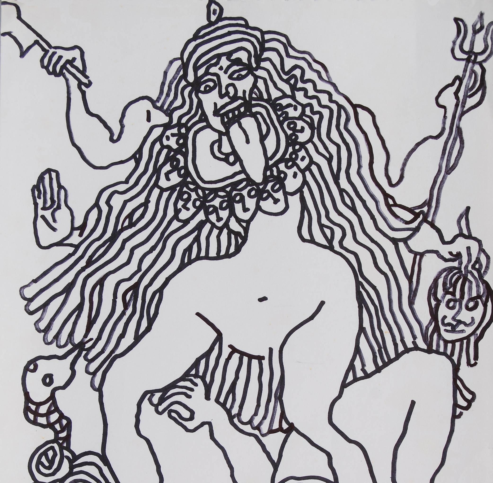 Drawing, Black-White, Hindu Goddess Kali, Pen, Ink, Modern Indian Art 