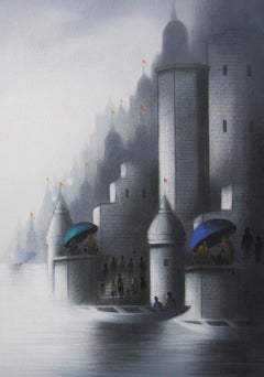 Holy Banaras 2, Holy Dip in Ganga's ghat, Anthrazit, Acryl, Weiß, Blau „Auf Lager““