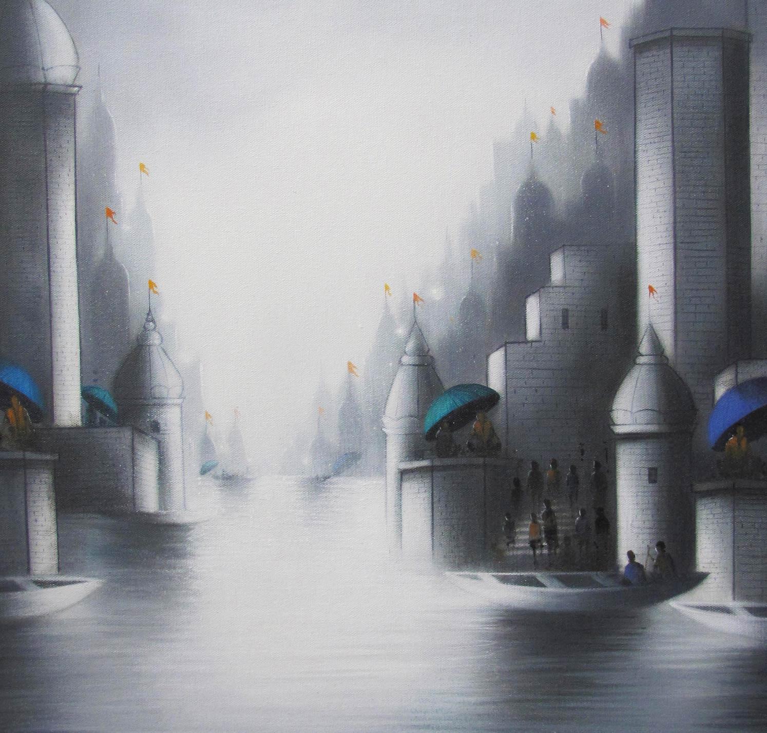 Holy Banaras 2, Holy Dip in Ganga's ghat, Charcoal, Acrylic, White, Blue