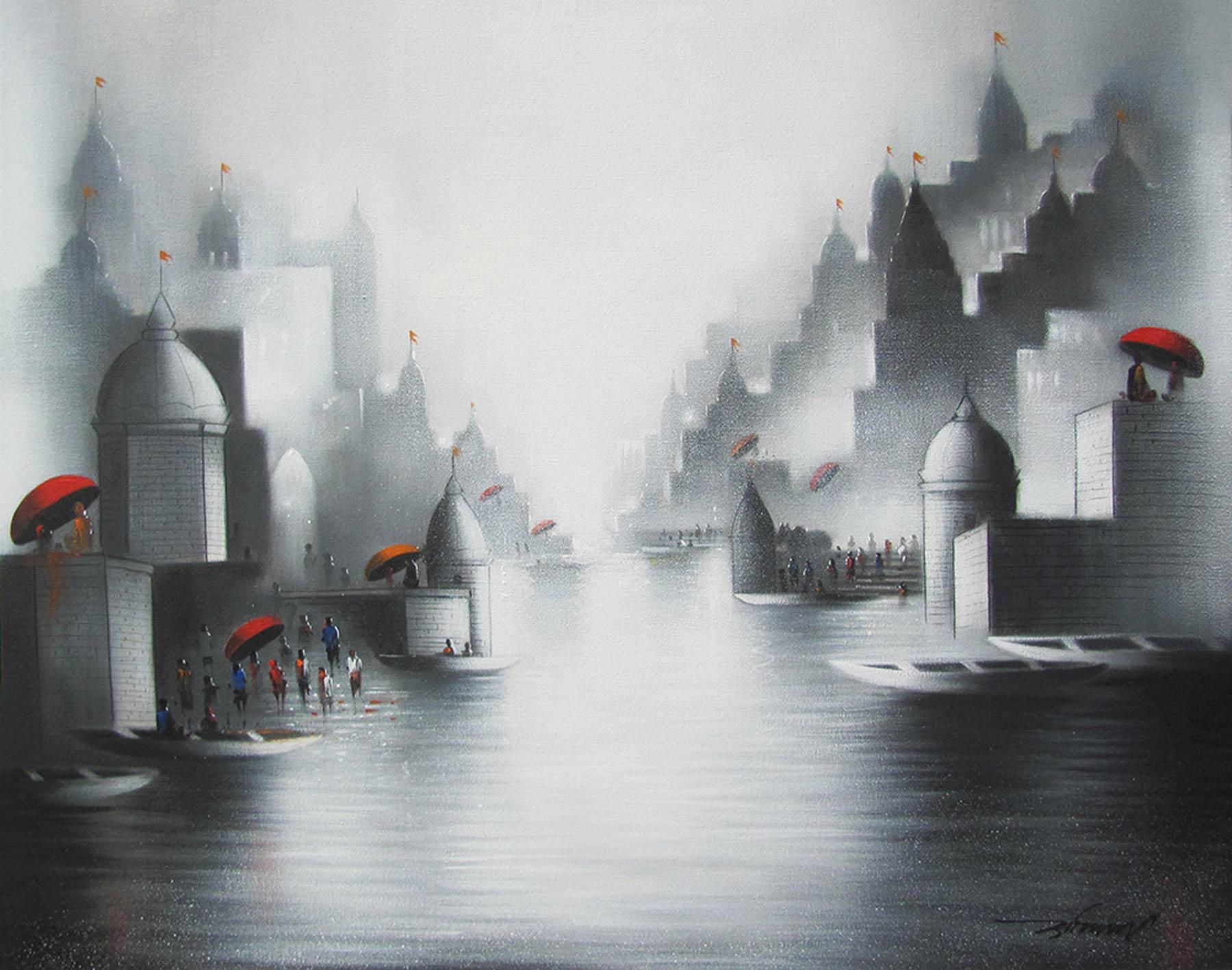 Somnath Bothe Figurative Painting – Holy Banaras 3, Stadt der Tempel, hinduistische Pilger in Ganga's Ghat, „Auf Lager“