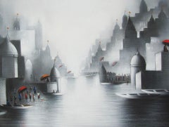 Holy Banaras 3, Stadt der Tempel, hinduistische Pilger in Ganga's Ghat, „Auf Lager“