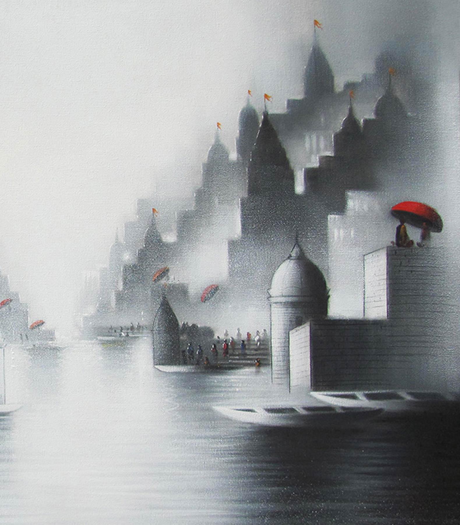 Holy Banaras 3, Stadt der Tempel, hinduistische Pilger in Ganga's Ghat, „Auf Lager“ (Grau), Figurative Painting, von Somnath Bothe