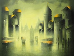 Rythmic Monsoon Ride, Stadtleben, Starker Regen, Acryl, Grün, Gelb "Auf Lager"