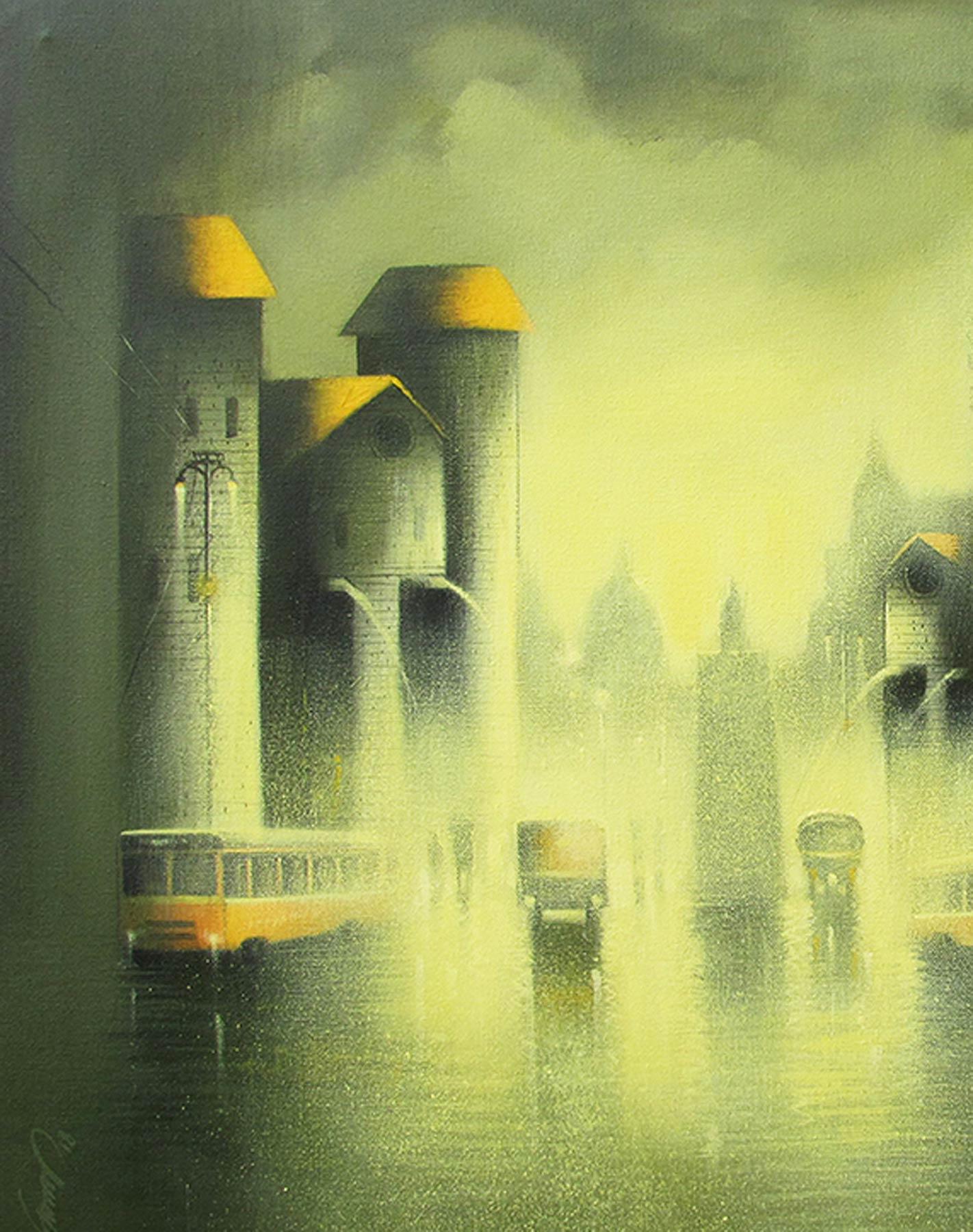Rythmic Monsoon Ride, City Life, Heavy Rain, Acrilico, Verde, Giallo 