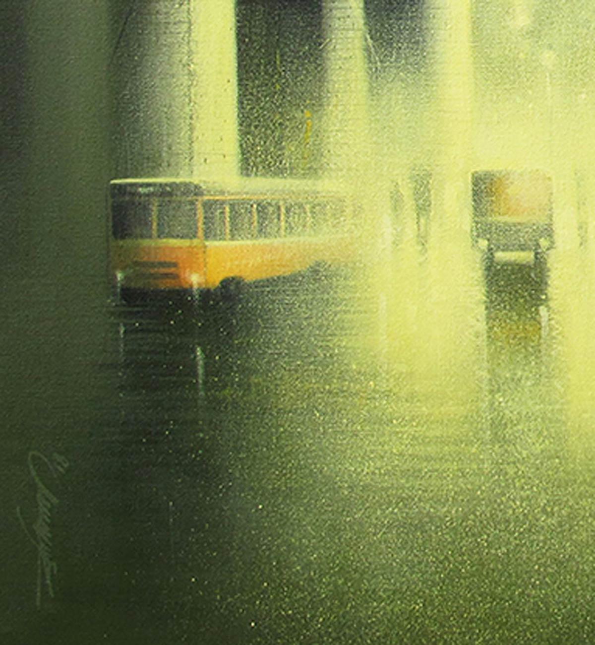 Rythmic Monsoon Ride, City Life, Heavy Rain, Acrylic, Green, Yellow 
