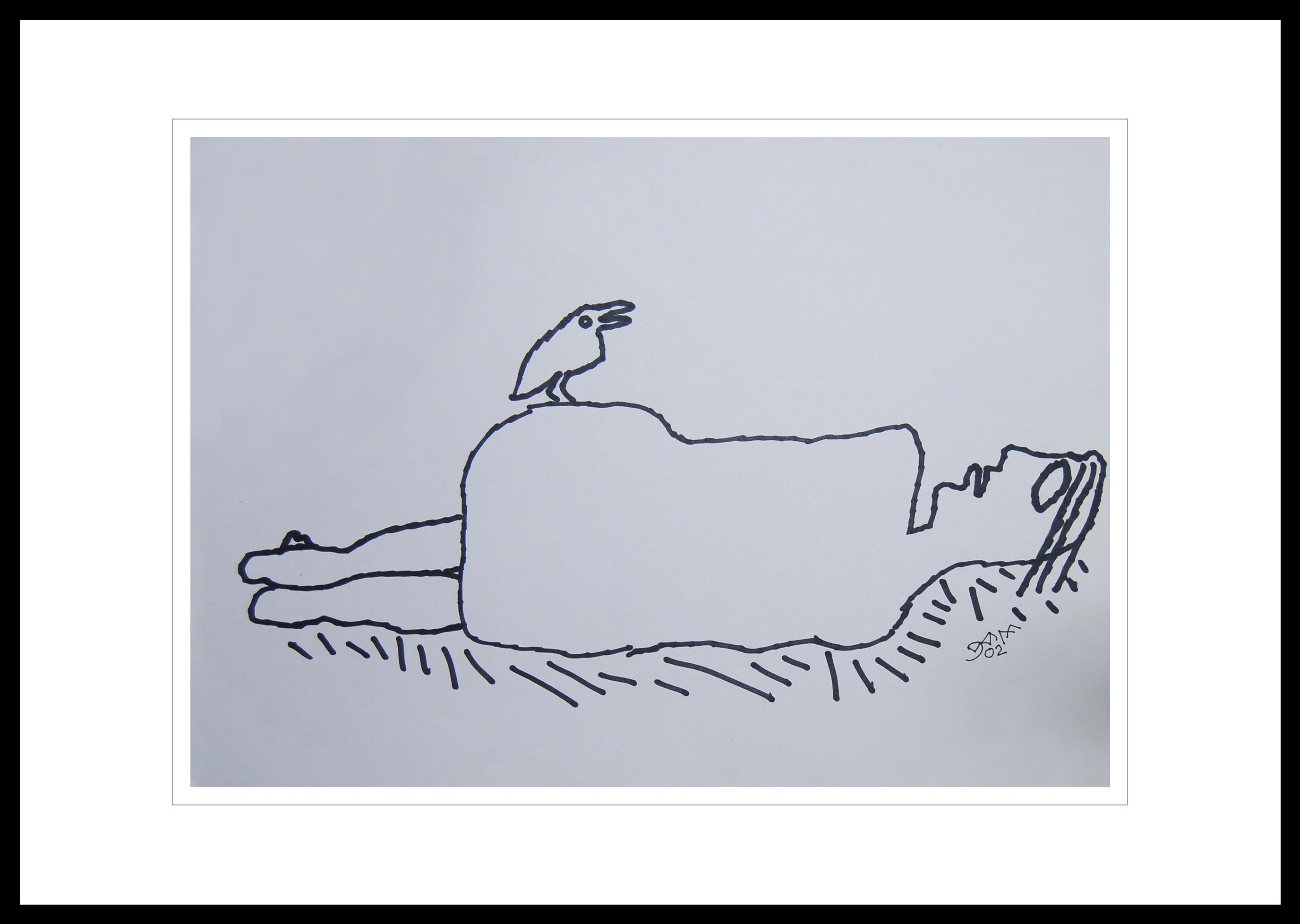 Reclining Man, Nude, Ink on paper, Black & White by Indian Artist "In Stock"