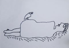 Reclining Man, Nude, Ink on paper, Black & White by Indian Artist "In Stock"