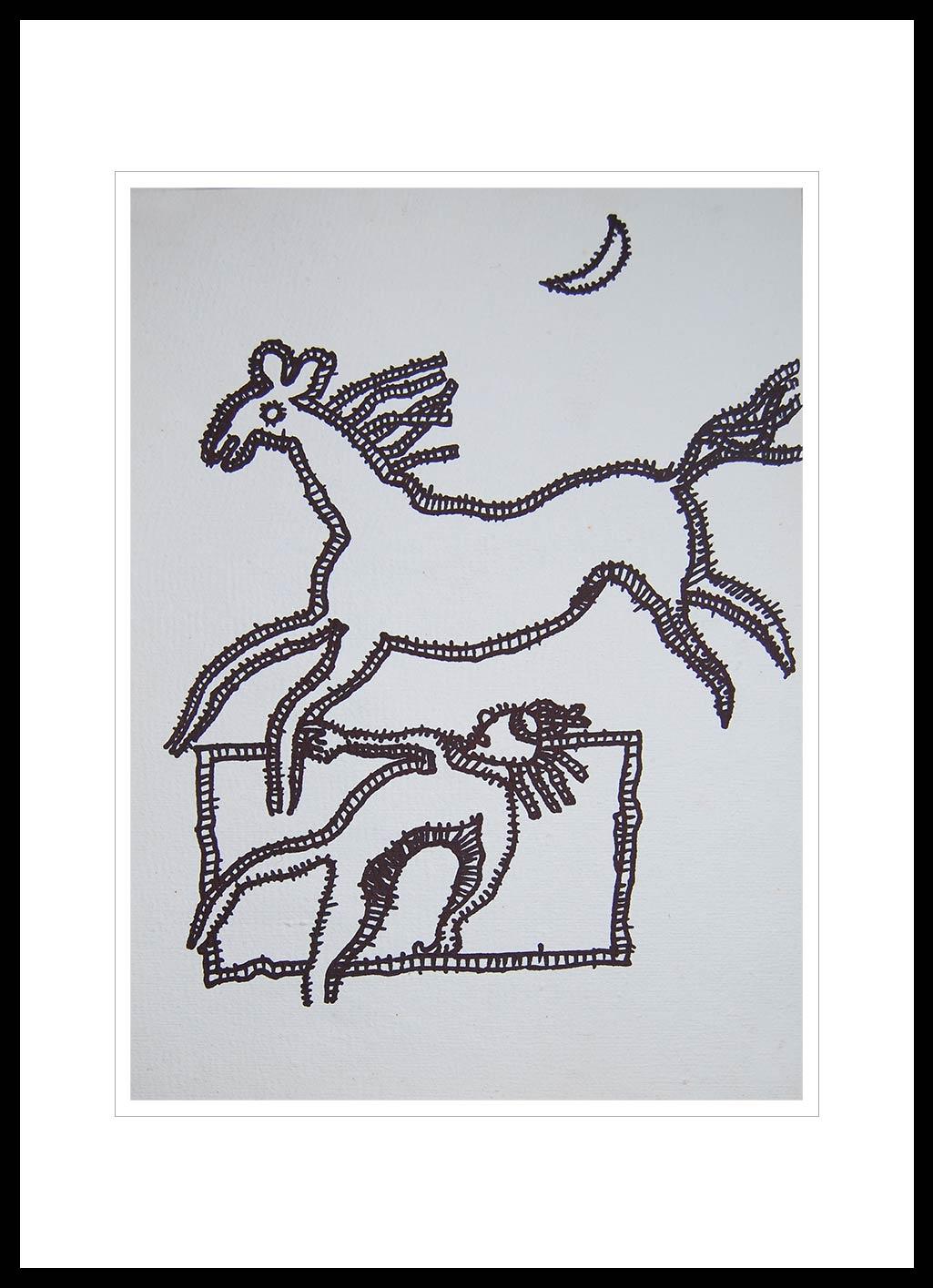 Running Horse, Animal Drawing, Ink on paper by Master Indian Artist "In Stock"