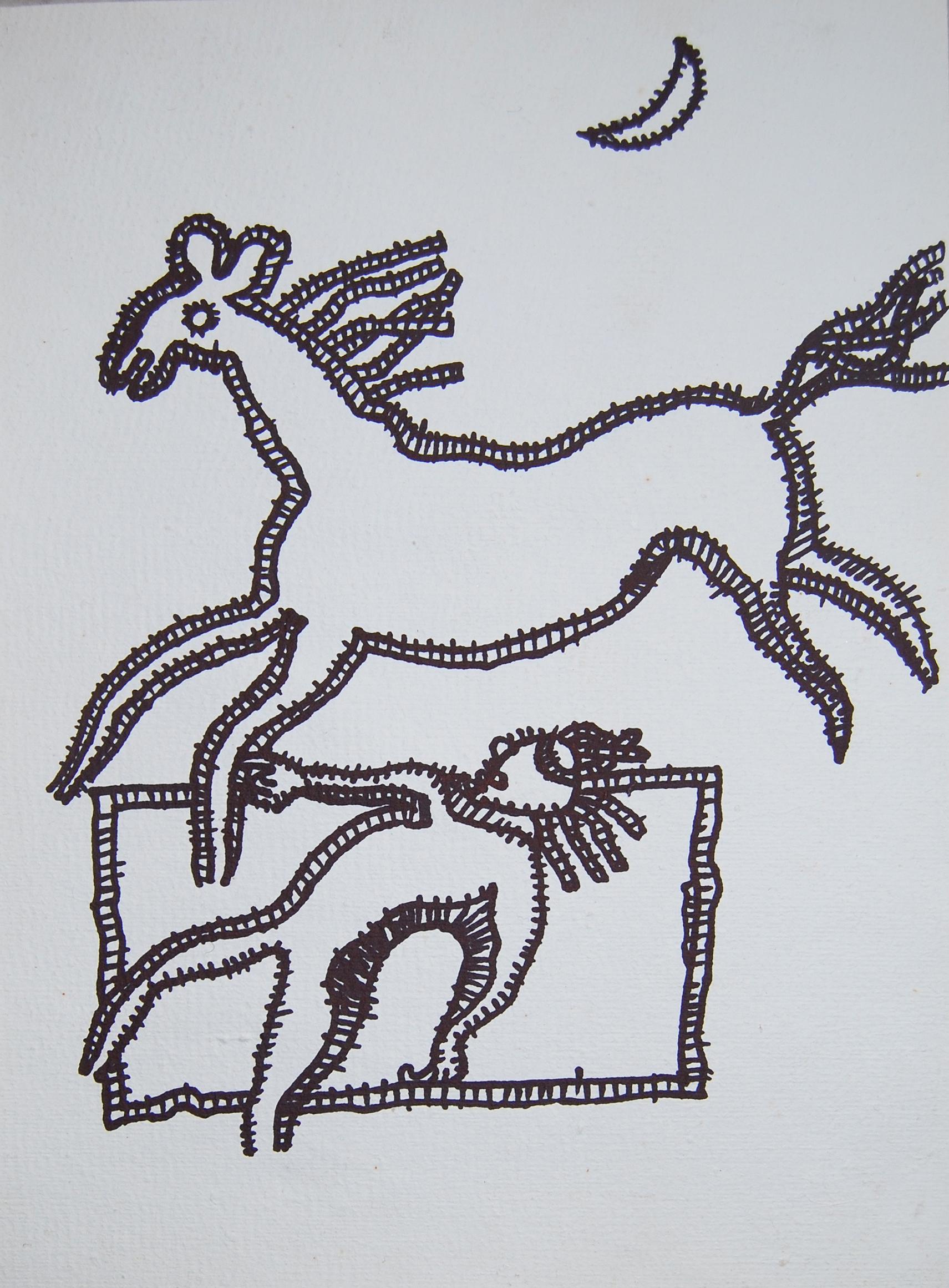 Caballo Corredor, Dibujo de Animal, Tinta sobre papel por Maestro Artista Indio 