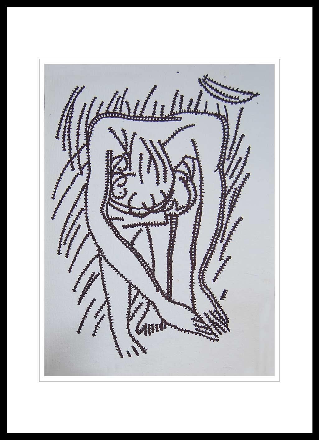 Prakash Karmarkar Figurative Art – Nudefarbene Zeichnung, Tusche auf Papier, Schwarz-Weiß von moderner indischer Künstlerin, „Auf Lager“ 