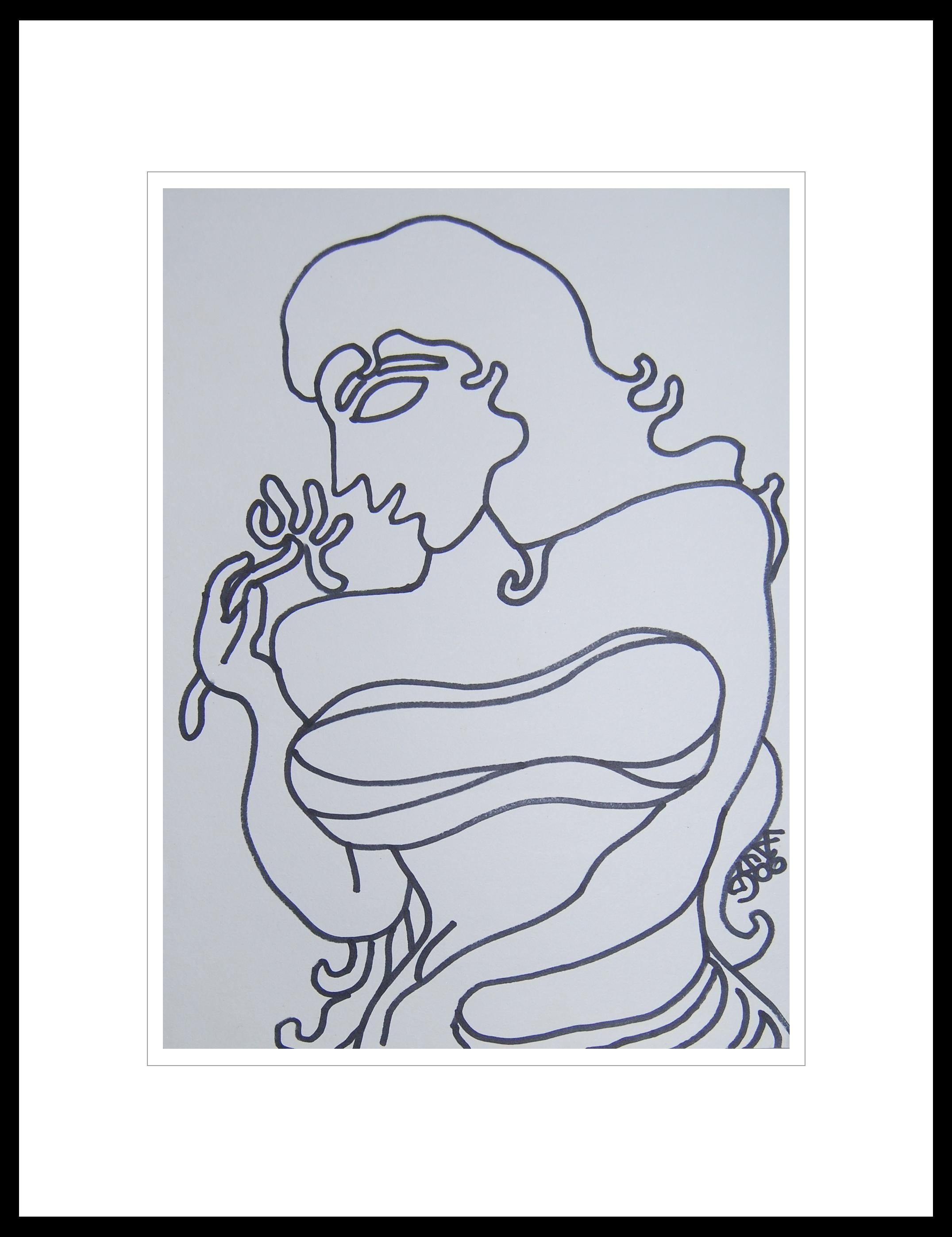 Figurative Art Prakash Karmarkar - Lady with Flower, Oeil en forme de poisson, Longs cheveux, Encre sur papier, Art indien""En stock""