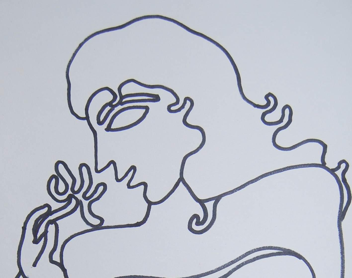 Lady with Flower, Oeil en forme de poisson, Longs cheveux, Encre sur papier, Art indien