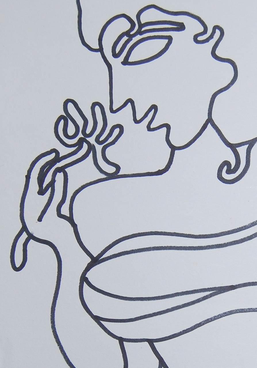 Lady with Flower, Oeil en forme de poisson, Longs cheveux, Encre sur papier, Art indien