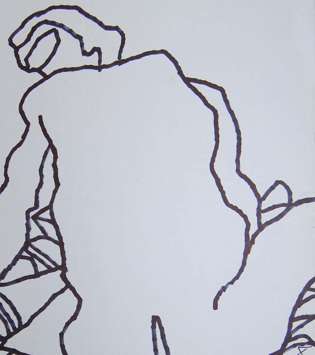 Nude Drawing, Large Fish shaped Eyes, Ink on paper by Indian Artist 