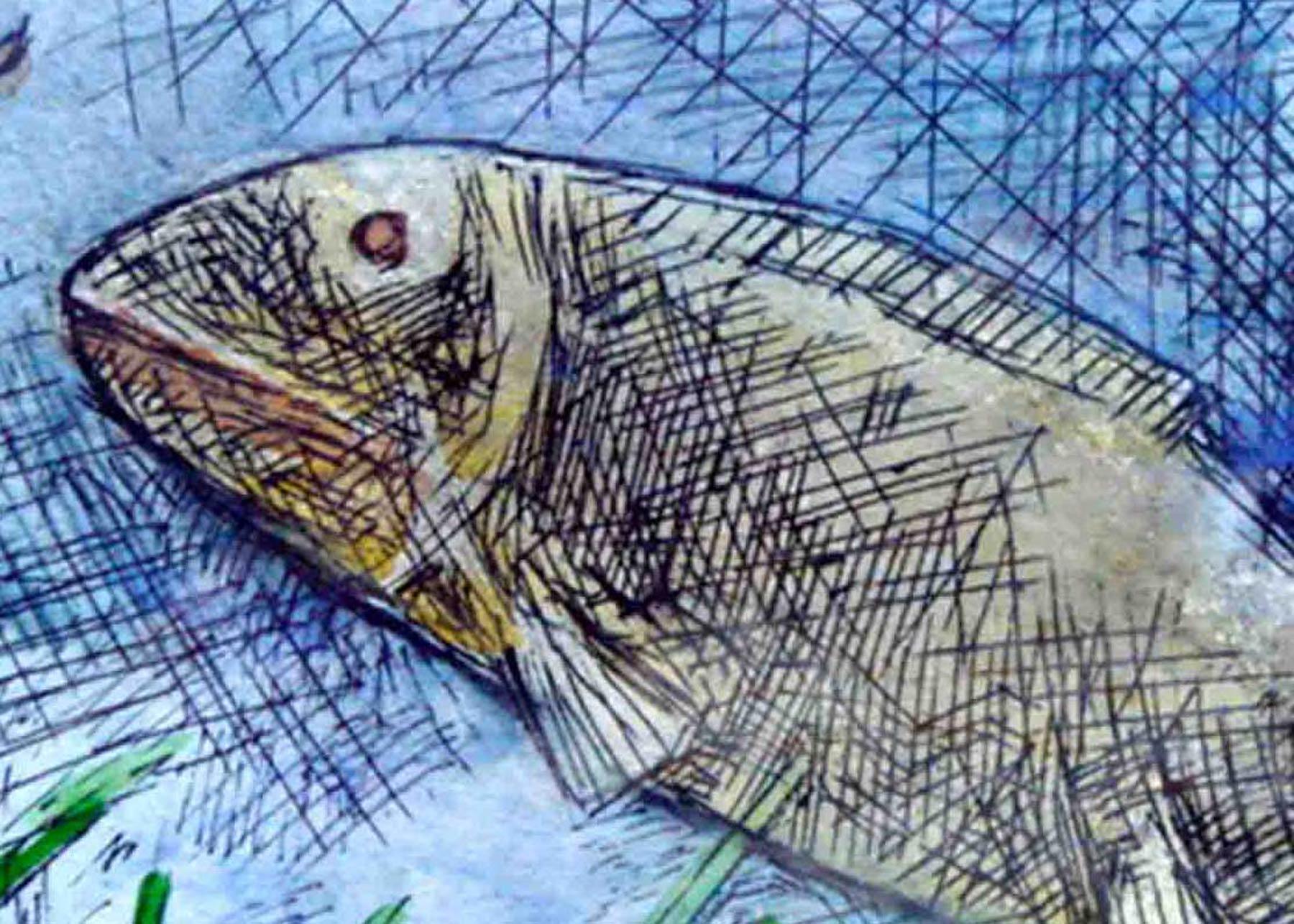 Fish, Mixed Media in Blue, Green, influenced by Abanindranath Tagore 