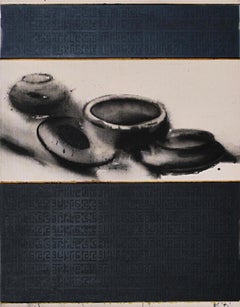 Peinture - Nature morte sans art, acrylique, pigment sur toile, noir, blanc "En stock"