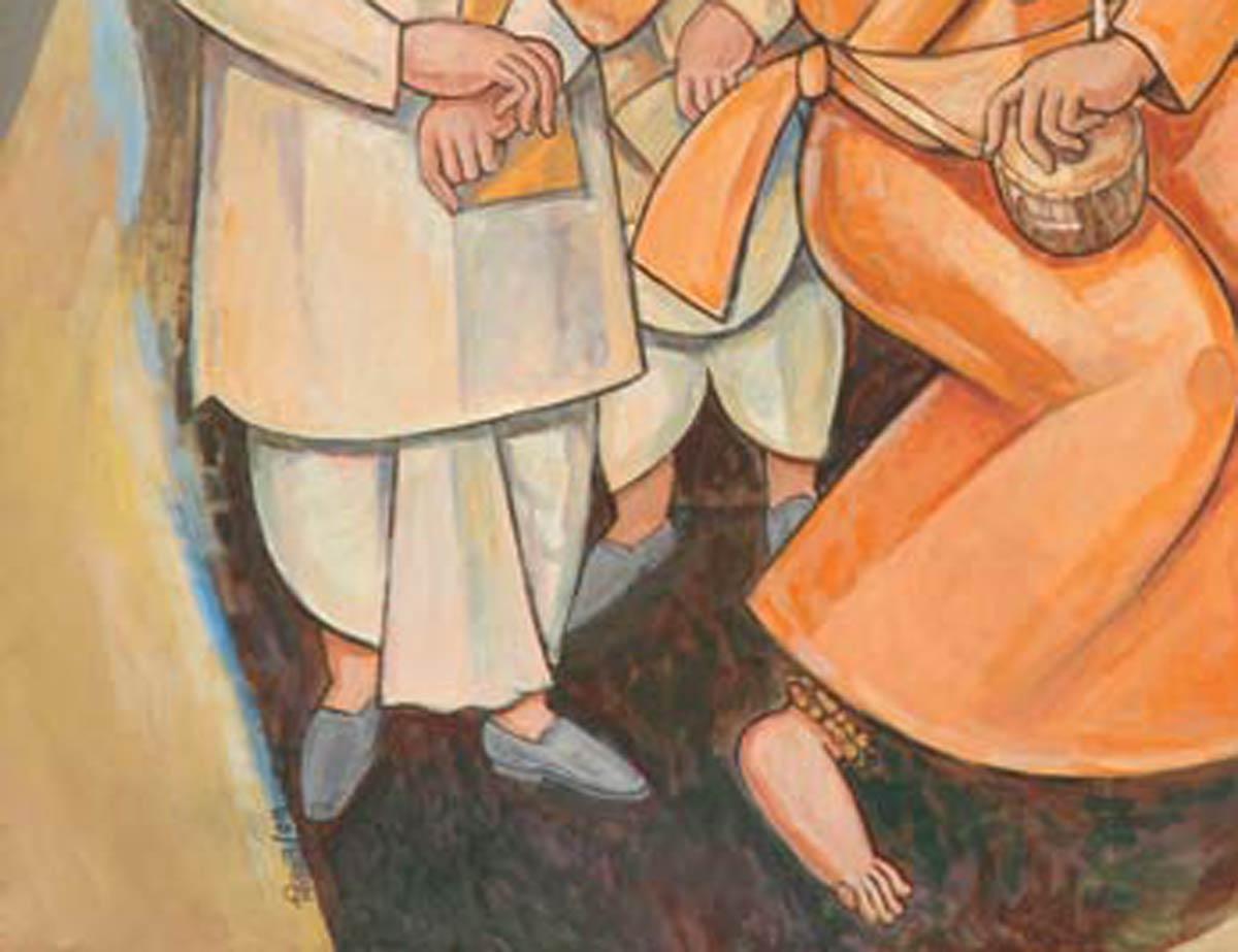 Raga, Baul Singer, peinture à l'huile et à l'acrylique, orange, rouge, bleu, « en stock » - Painting de Bijan Choudhury