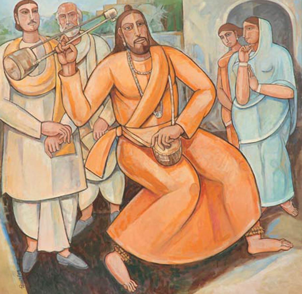 Raga, Baul Singer, peinture à l'huile et à l'acrylique, orange, rouge, bleu, « en stock » - Moderne Painting par Bijan Choudhury