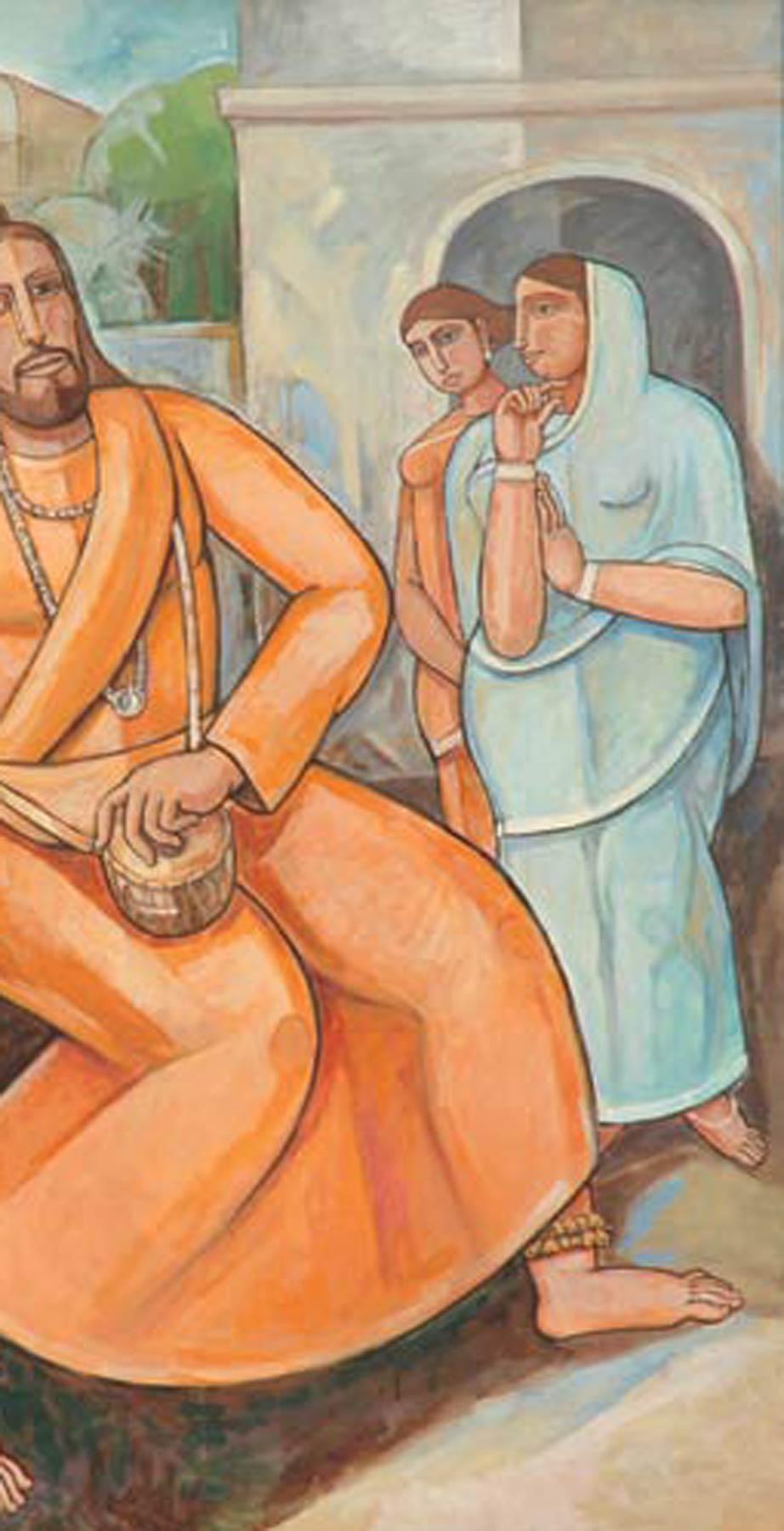 Raga, Baul Singer, peinture à l'huile et à l'acrylique, orange, rouge, bleu, « en stock » - Beige Figurative Painting par Bijan Choudhury