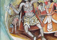 Bohurupee, Shiva & Parvati, Oil & Acrylic Painting, Red, Blue, Orange "In Stock"