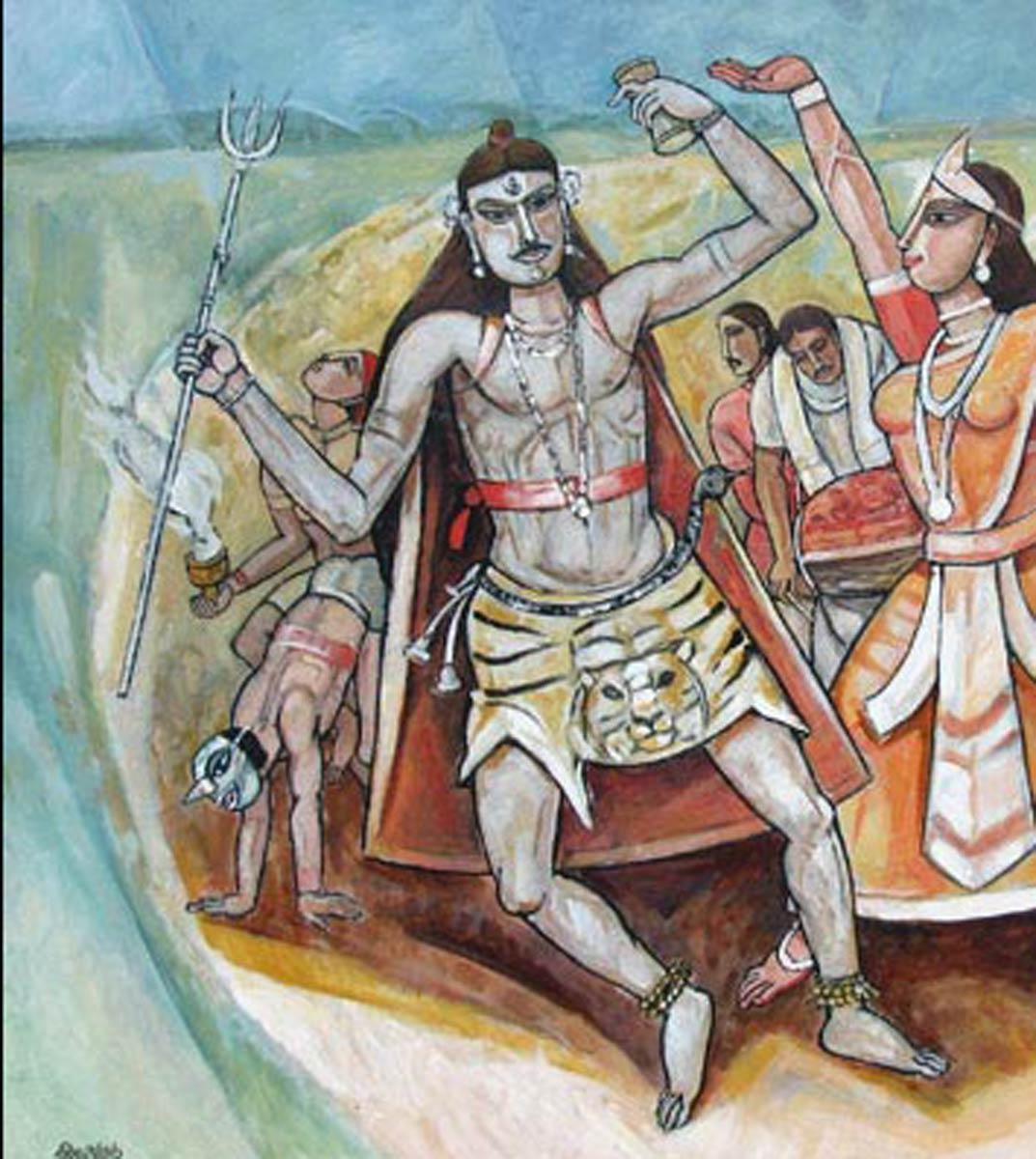Bohurupee, Shiva y Parvati, Pintura al óleo y acrílica, Rojo, Azul, Naranja 