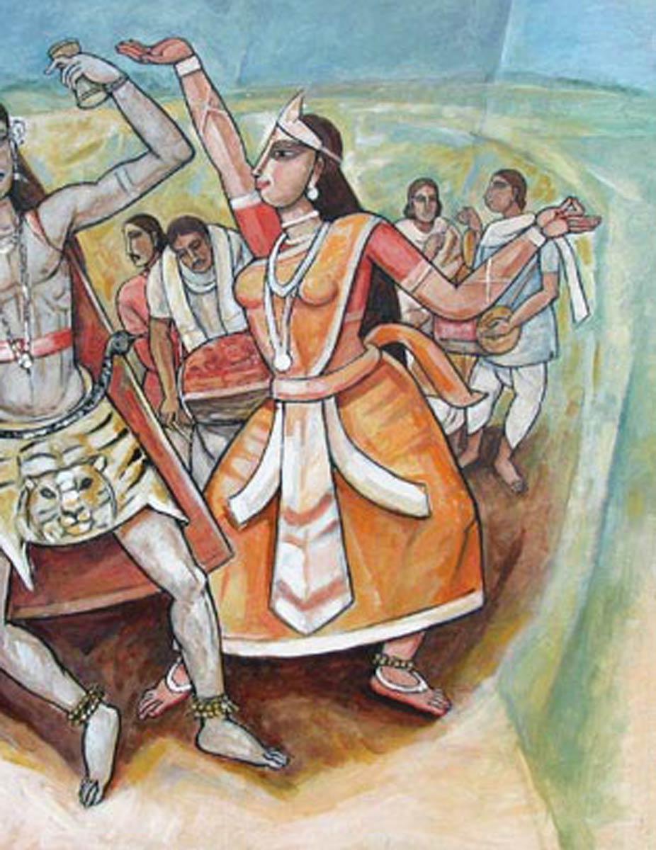 Bohurupee, Shiva y Parvati, Pintura al óleo y acrílica, Rojo, Azul, Naranja 