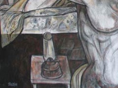 Aktmalerei, Mixed Media auf Leinwand, Weiß, Schwarz, Rosa, Braunfarben "Auf Lager"