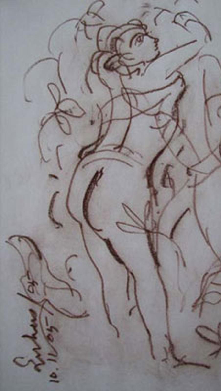 Mistress of the moon, Conte on paper, Brown by Modern Indian Artist 