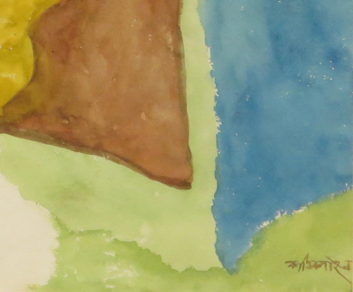 Nude Frau, liegend, Wasserfarbe auf Reispapier, Grün, Gelb, Blau „“Auf Lager““ (Moderne), Painting, von Kartick Chandra Pyne