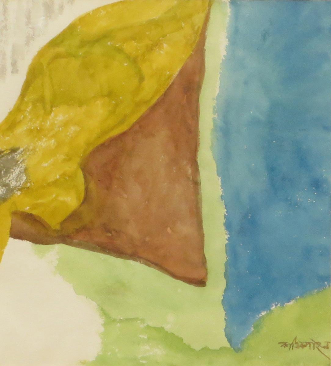 Nude Frau, liegend, Wasserfarbe auf Reispapier, Grün, Gelb, Blau „“Auf Lager““ im Angebot 1
