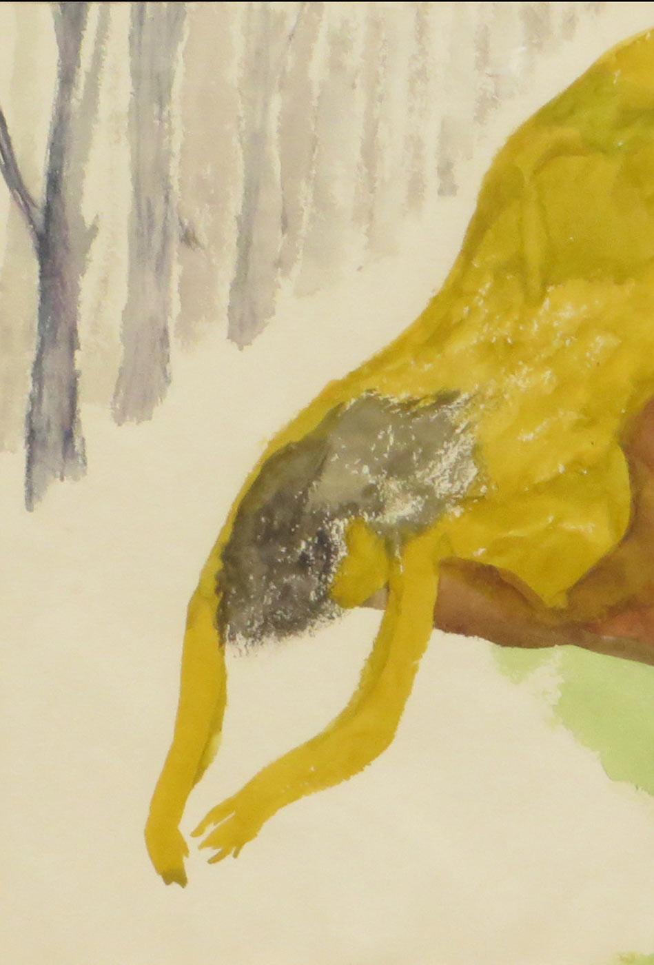 Nude Woman, Reclining, Water color on Rice paper, Green, Yellow, Blue 