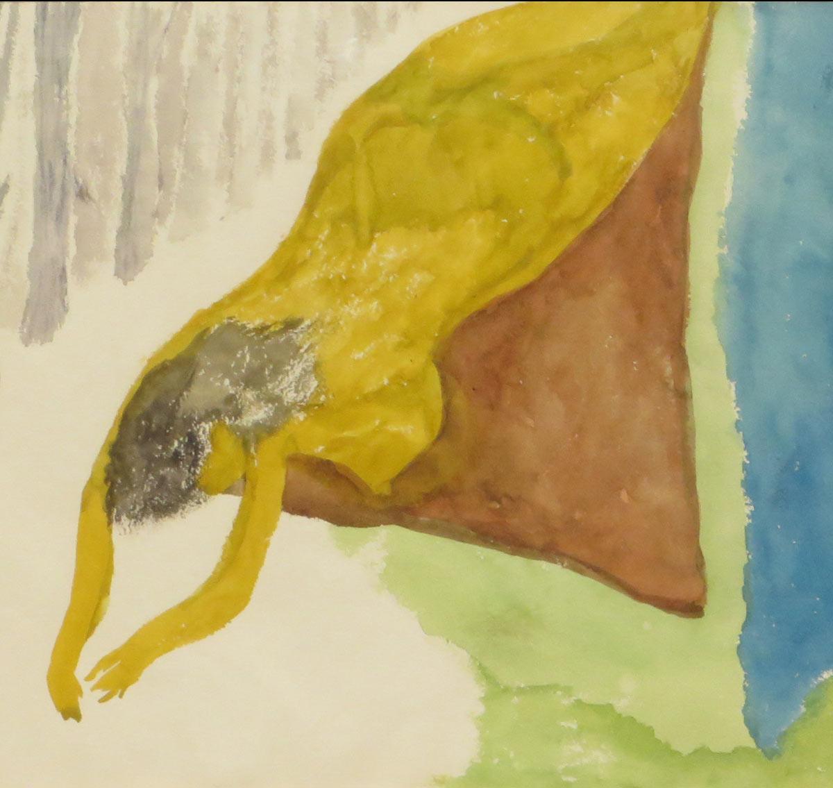 Femme nue couchée, Aquarelle sur papier de riz, vert, jaune, bleu 