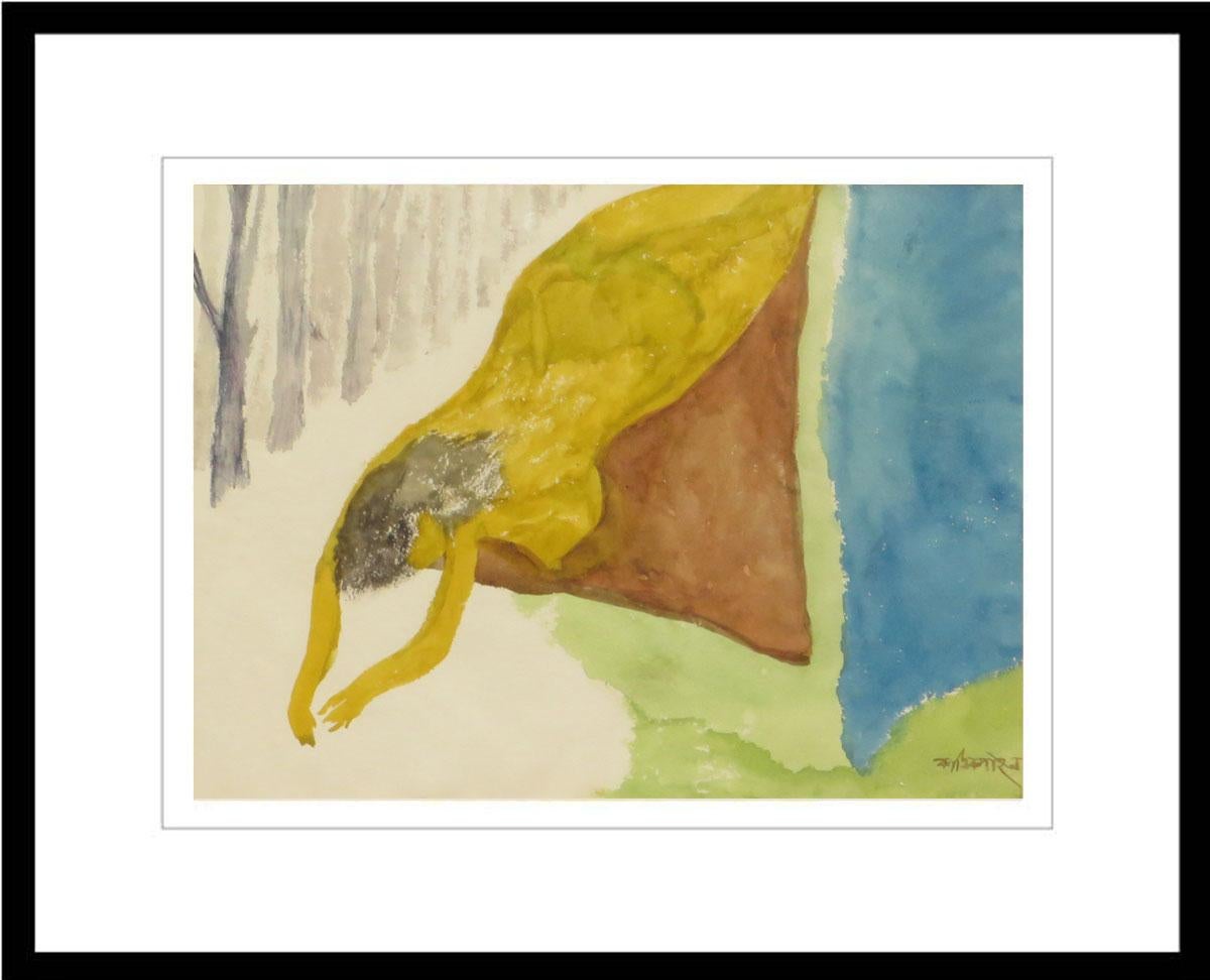 Kartick Chandra Pyne Figurative Painting - Nude Woman, Reclining, Water color on Rice paper, Green, Yellow, Blue "In Stock"