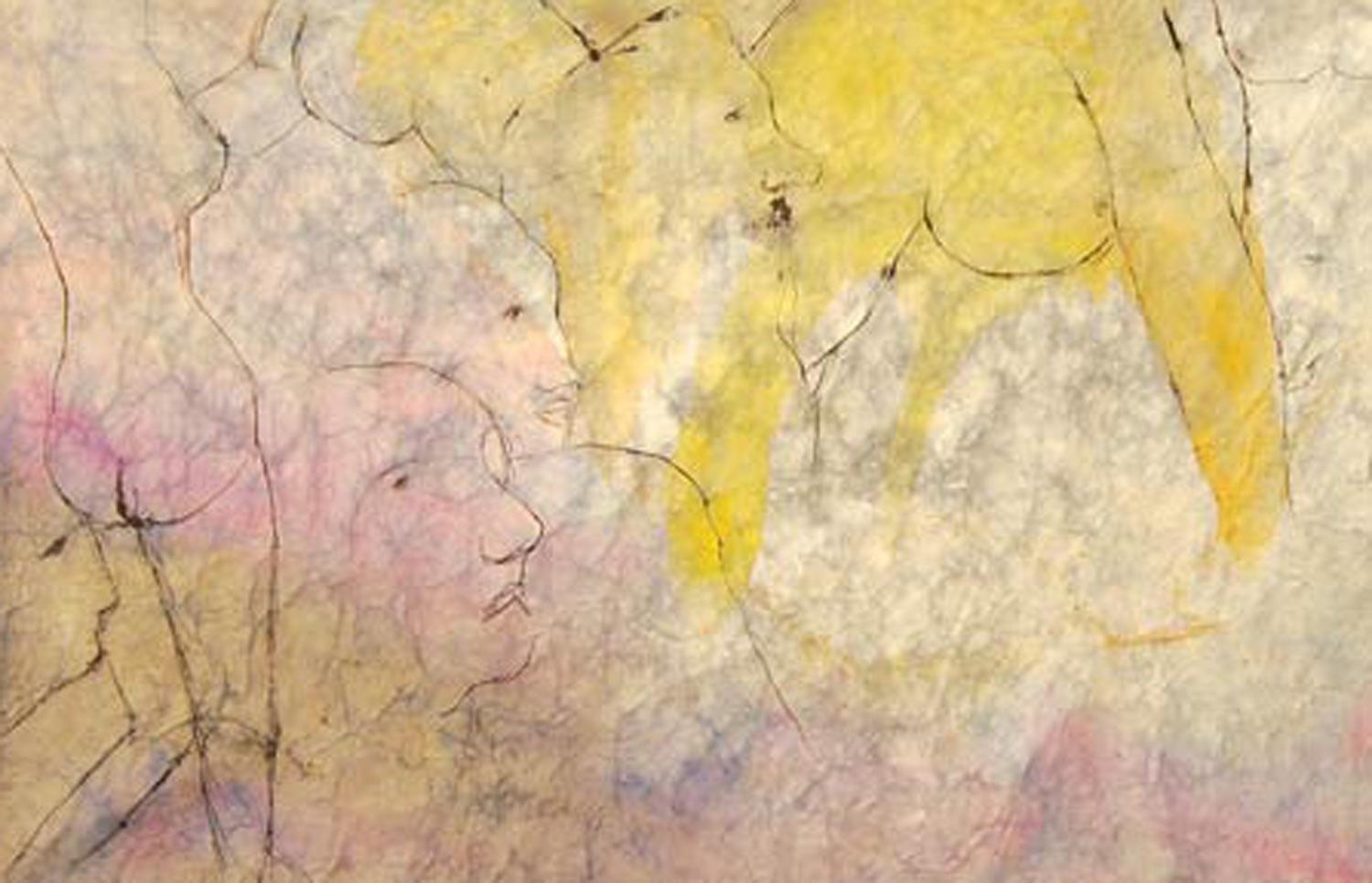 Nude Painting, Watercolor on Rice paper, Yellow, Red by Indian Artist 