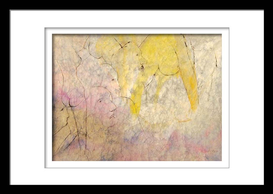 Nude Painting, Watercolor on Rice paper, Yellow, Red by Indian Artist 