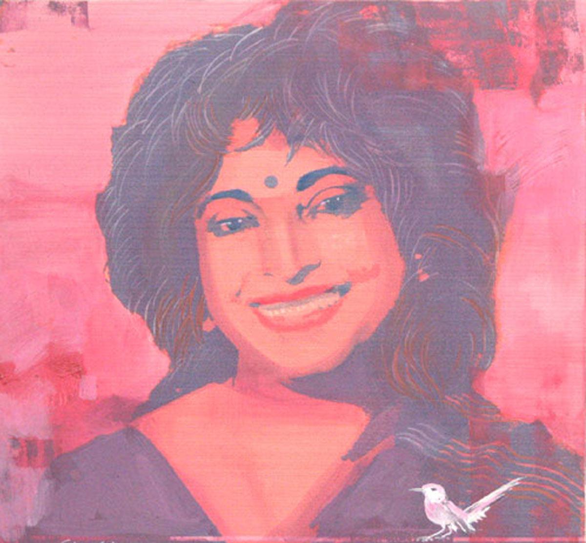 Abstraktes Porträt, Gemälde in Mischtechnik, indischer Künstler, rot, rosa, schwarz, weiß, auf Lager im Angebot 1