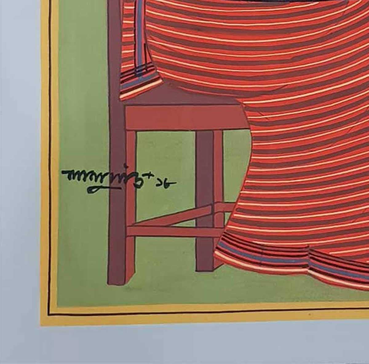 Women sitting on a chair, Tempera on Board,  Red, Brown, Green, Black 