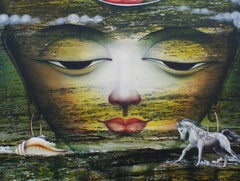 Vishwaroopam, Indian Mythology, Mixed Media, Green, Red, Yellow, Blue "In Stock"