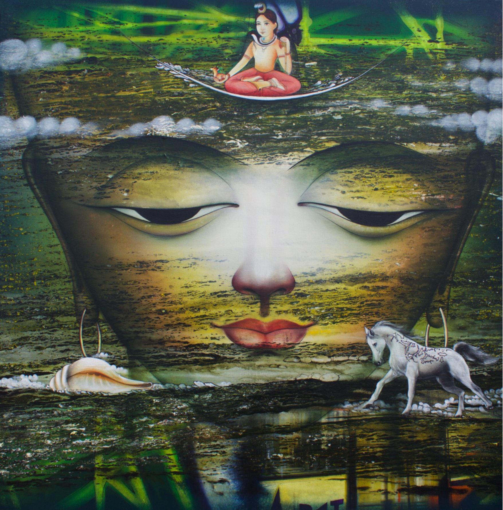 Vishwaroopam, Indian Mythology, Mixed Media, Green, Red, Yellow, Blue 