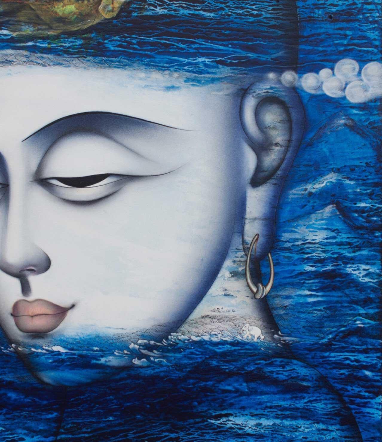 Apaam nidhi, peinture technique mixte, bleue, blanche, verte de l'artiste indien « en stock » - Contemporain Mixed Media Art par Dharmendra Rathore