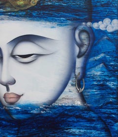 Apaam nidhi, Mixed Media Painting, Blue, White, Green by Indian Artist"In Stock"