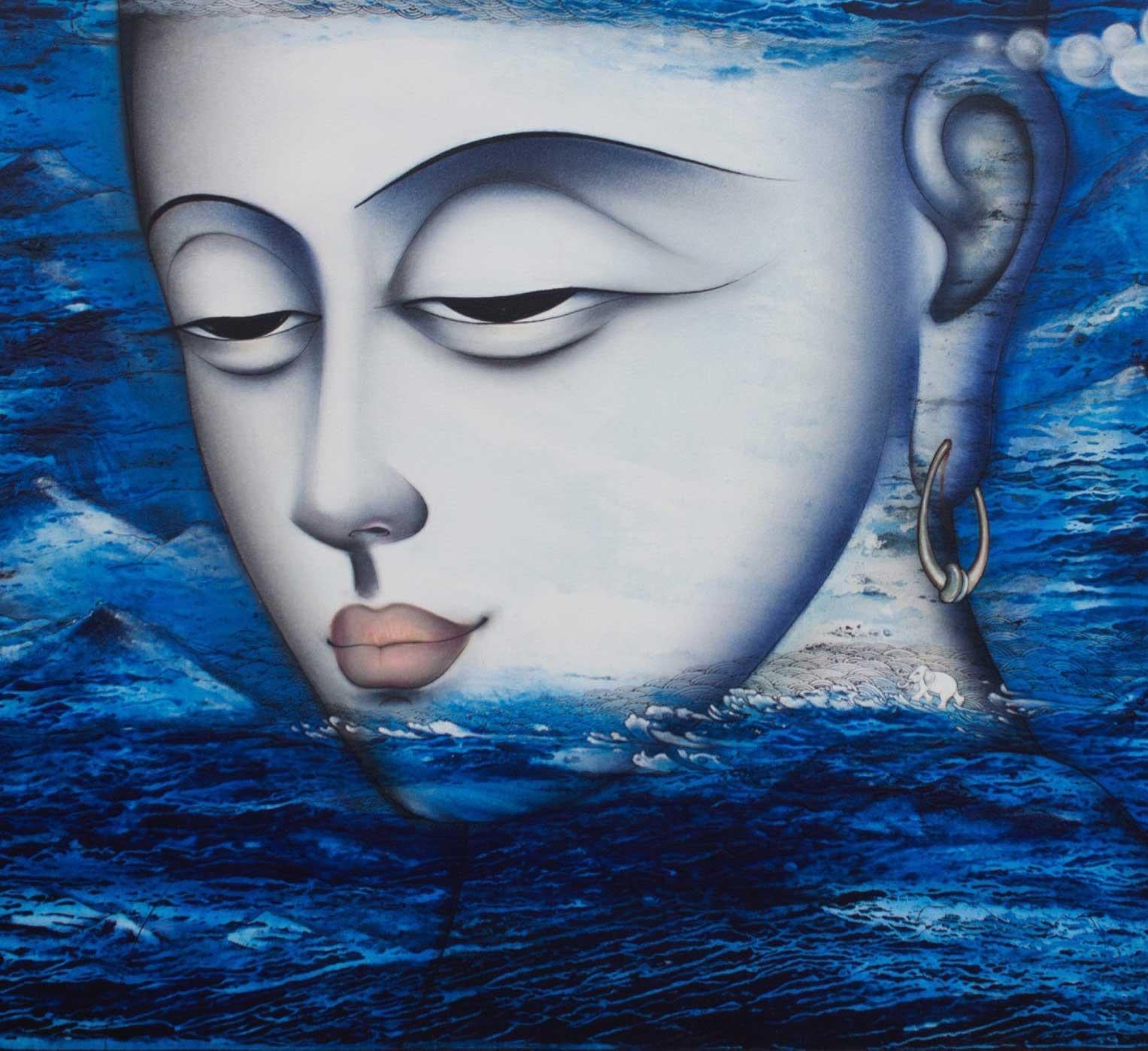 Apaam nidhi, peinture technique mixte, bleue, blanche, verte de l'artiste indien « en stock » en vente 2