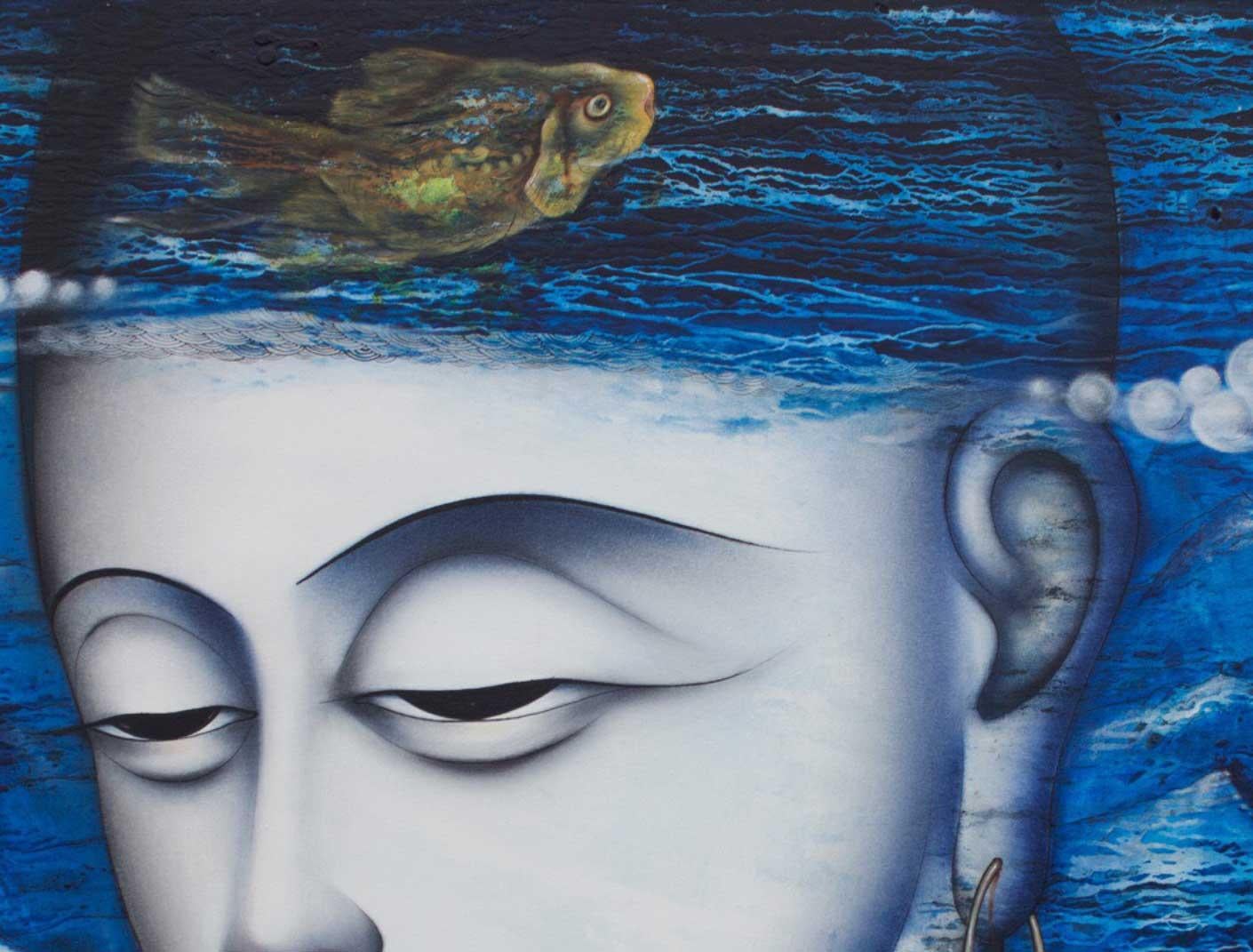Apaam nidhi, peinture technique mixte, bleue, blanche, verte de l'artiste indien « en stock » en vente 1