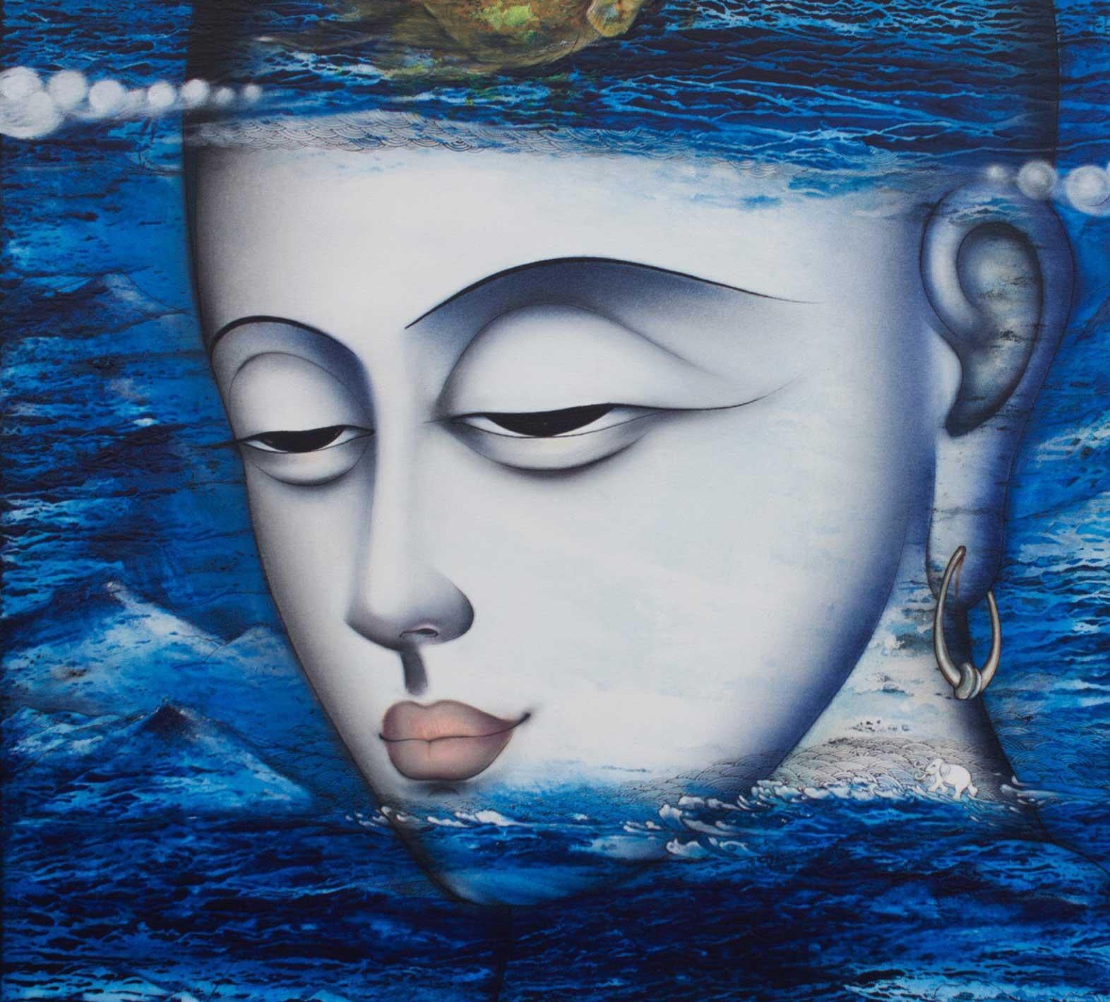 Apaam nidhi, peinture technique mixte, bleue, blanche, verte de l'artiste indien « en stock » en vente 3