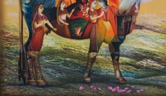Kamdhenu 5, Hindu Goddess, Mixed Media, Red, Yellow, Blue, Green, Pink"In Stock"
