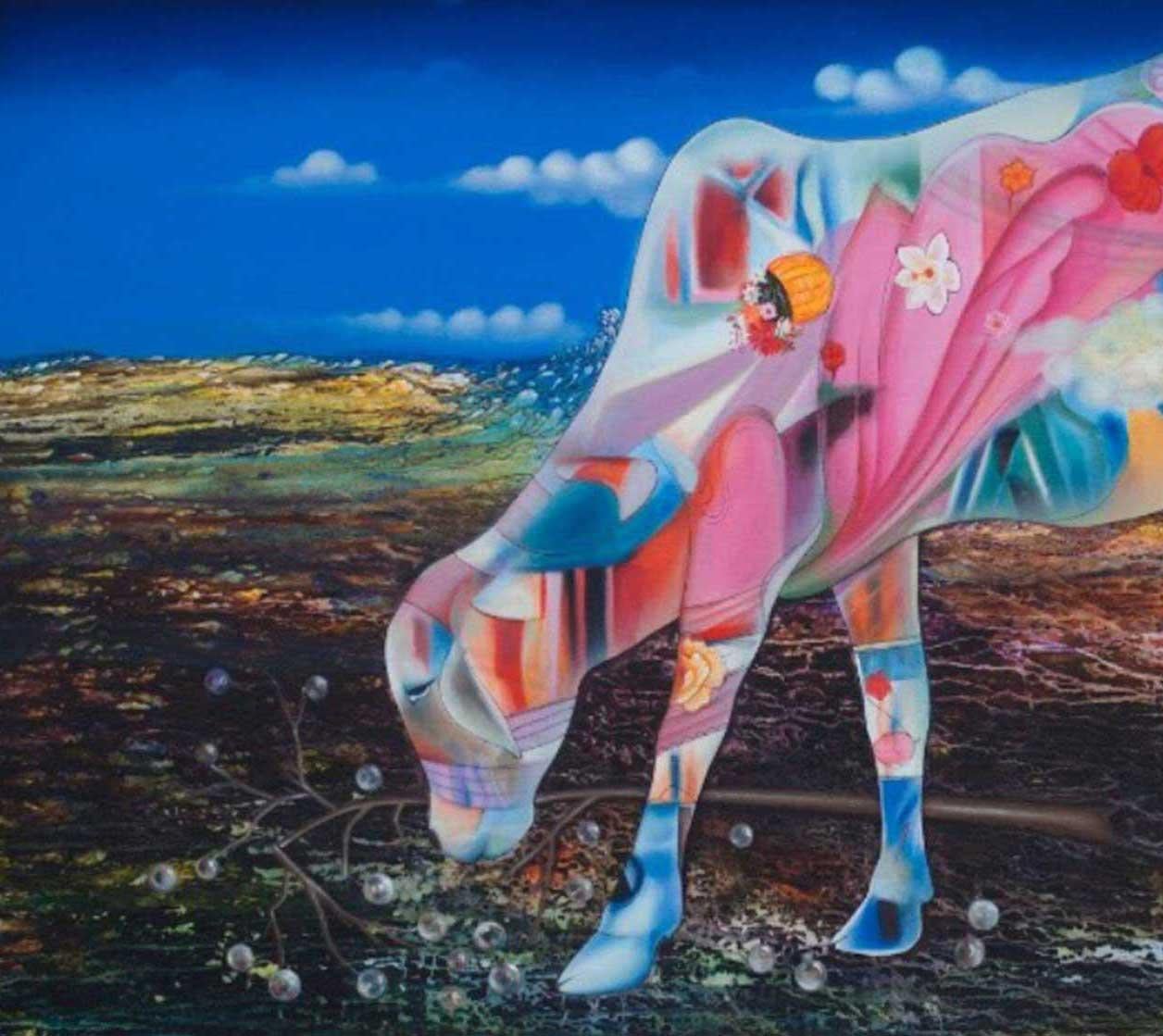 Dharmendra Rathore - Kamdhenu 6 - 48 x 30 pulgadas (tamaño sin enmarcar)
Técnica mixta sobre lienzo
Incluido el envío en rollos.

Estilo : A Dharmendra le encanta experimentar con diferentes formas y estilos, pasando de la figuración al paisaje, a