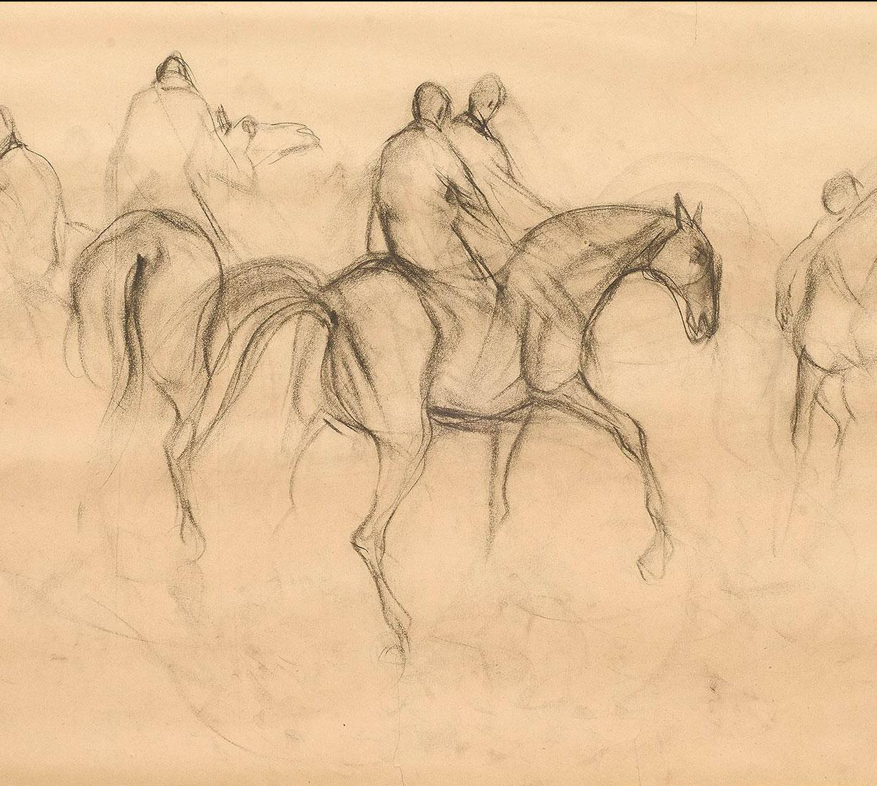 Sunil Das - Frühe Pferde X - 34 x 20,75 Zoll (ungerahmtes Format)
Zeichenkohle auf Papier
( Gerahmt & Geliefert )

Sunil Das war einer der wichtigsten postmodernen Maler Indiens und wurde durch seine Pferdezeichnungen bekannt. Er hat ihr