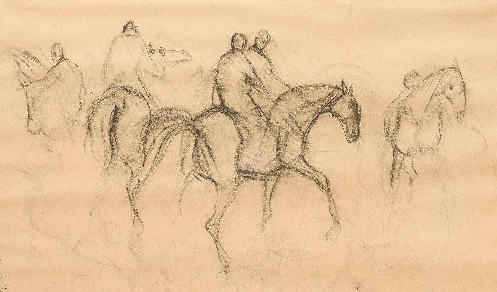 Early Horses X, Charcoal Drawing, Brown, Black by Padmashree Sunil Das