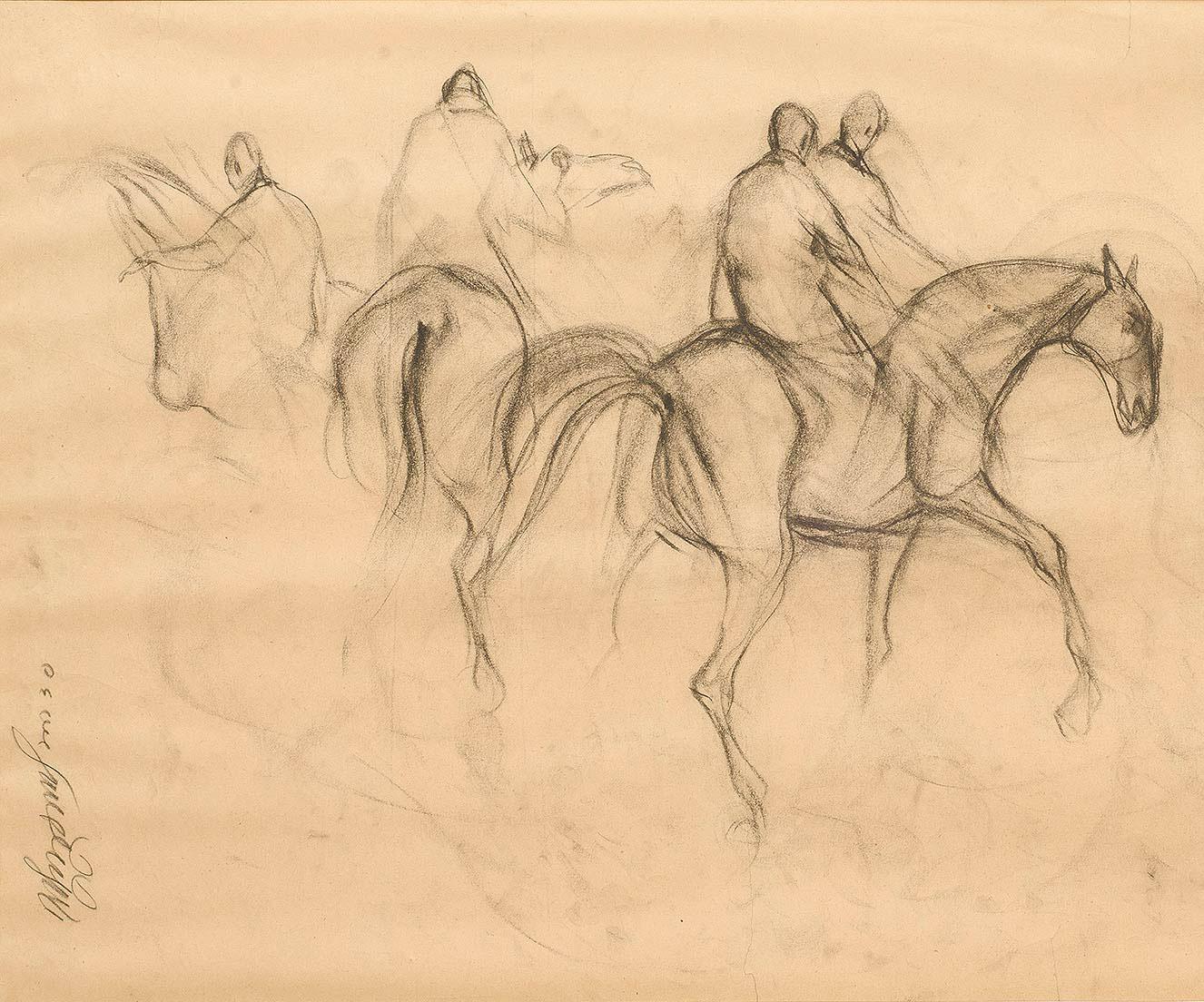 Frhe Pferde X, Holzkohle-Zeichnung, Braun, Schwarz von Padmashree Sunil Das Auf Lager im Angebot 1