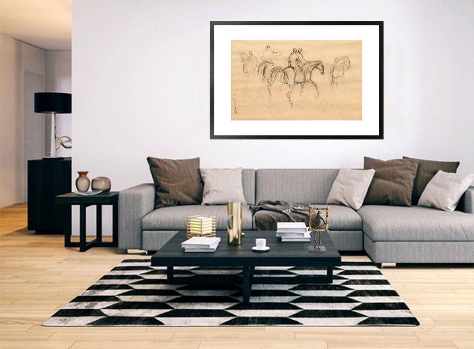 Early Horses X, Charcoal Drawing, Brown, Black by Padmashree Sunil Das